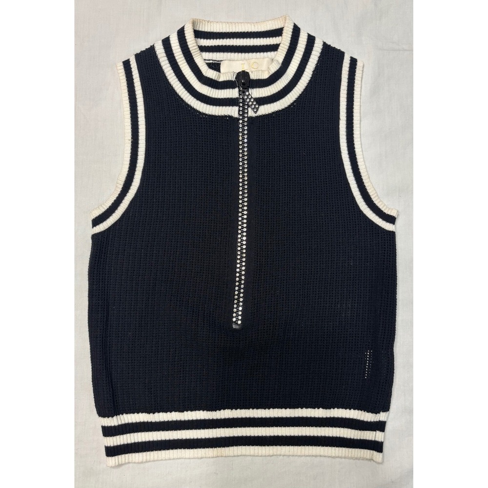 Lizette Collection Navy Blue Striped Knit Rhinestone Zip Sweater Vest LC-A5129 M